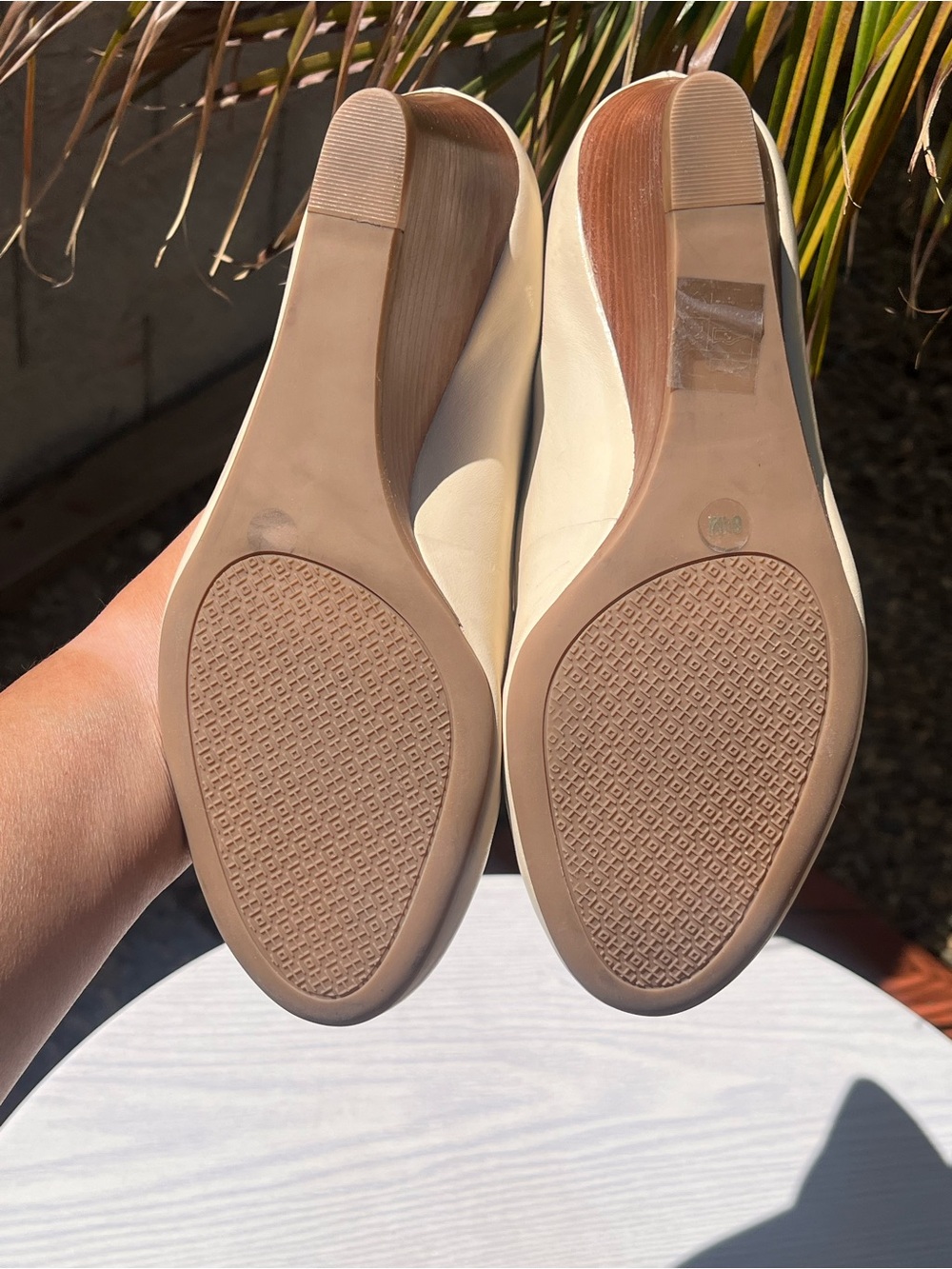 Tory Burch Cream Leather Wedge Pumps with Logo Medallion - Picture 11 of 12